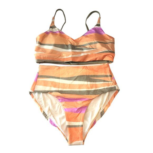 Prana Bikini Set Willow Falls Top Sun Shade Bottom High Rise Striped Orange S - Picture 1 of 8